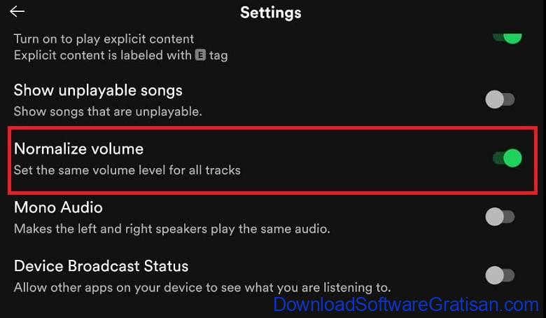 Cara & Pengaturan Agar Suara Spotify Lebih Baik - Normalisasikan Tingkat Volume